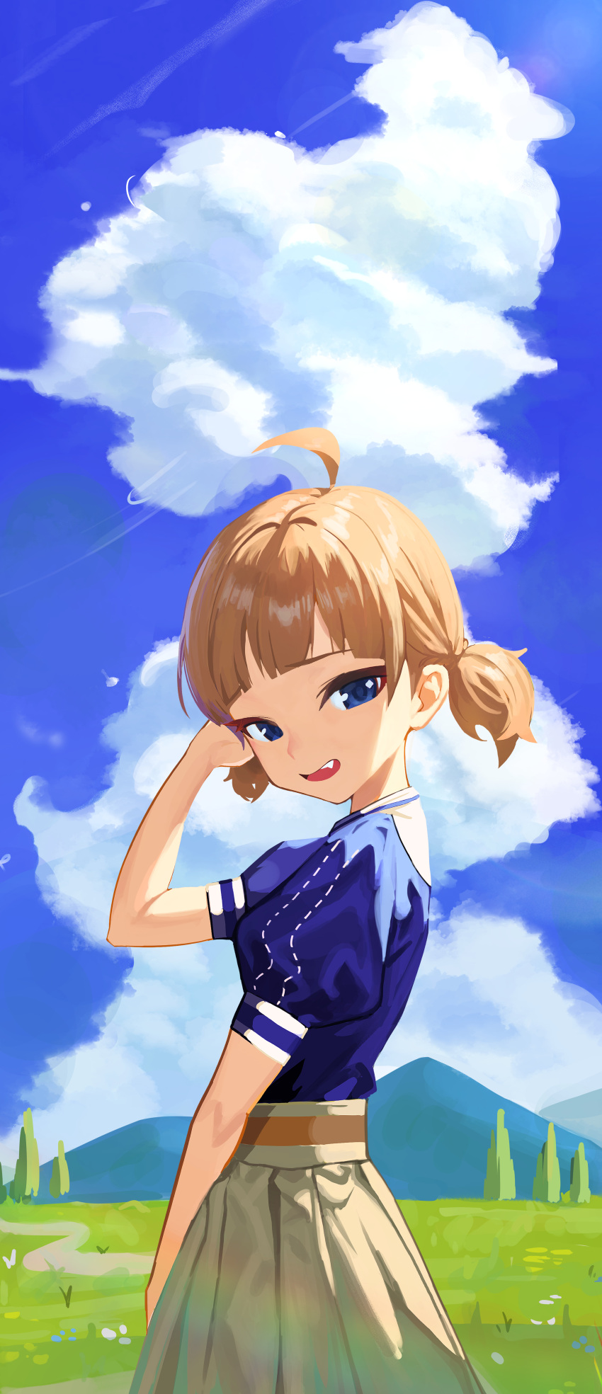 1girl absurdres ahoge blue_eyes blue_shirt blue_sky blush brown_hair clouds cumulonimbus_cloud fang grass highres idolmaster idolmaster_million_live! looking_at_viewer looking_to_the_side outdoors pleated_skirt puffy_short_sleeves puffy_sleeves shirt shirt_tucked_in short_sleeves short_twintails sillon skirt sky solo suou_momoko twintails