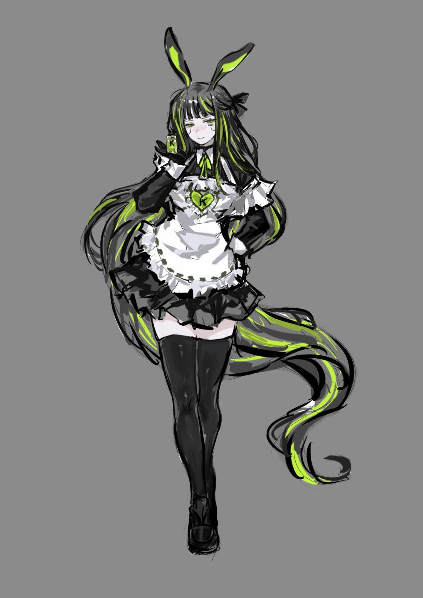 1girl alfonso_(project_moon) animal_ears apron black_dress black_footwear black_gloves black_thighhighs dress full_body gloves green_eyes green_hair grey_background hand_up highres limbus_company long_hair looking_at_viewer maid maid_apron multicolored_hair project_moon rabbit_ears shan23852196 shoes simple_background solo streaked_hair thigh-highs very_long_hair white_apron
