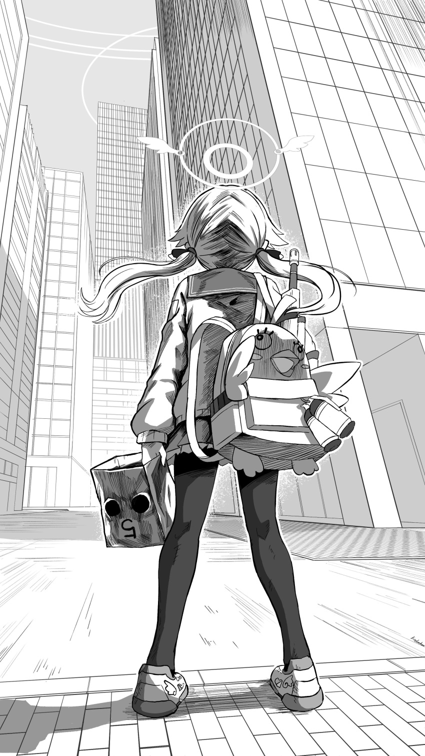 1girl absurdres assault_rifle backpack bag bindonkan blue_archive building bullpup commentary from_behind greyscale gun halo hifumi_(blue_archive) highres holding holding_bag l85 long_sleeves monochrome outdoors pantyhose peroro_(blue_archive) rifle sailor_collar school_uniform skirt solo standing twintails weapon weapon_behind_back