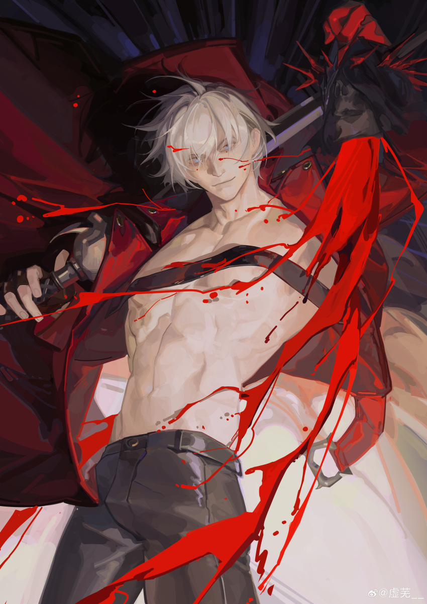 1boy absurdres belt_bra bishounen black_pants blood blood_on_clothes blood_on_face blue_eyes coat collarbone dante_(devil_may_cry) devil_may_cry_(series) devil_may_cry_3 fingerless_gloves gloves highres holding holding_weapon long_hair looking_at_viewer male_focus muscular muscular_male pants rebellion_(sword) red_coat smile solo sword toned toned_male topless_male weapon weibo_2522938485 white_hair