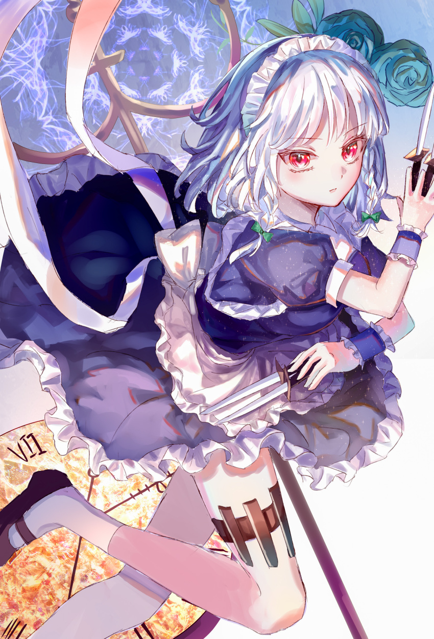 1girl absurdres apron between_fingers blue_dress blue_flower bow braid clock closed_mouth commentary dress expressionless flower green_bow grey_hair hair_bow highres holding holding_knife izayoi_sakuya knife knives_between_fingers maid maid_headdress medium_hair red_eyes roman_numeral solo suzushina touhou twin_braids waist_apron