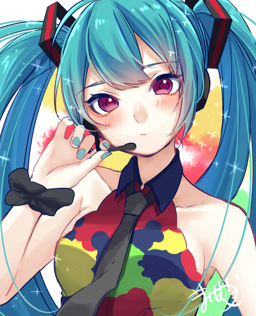 1girl absurdres aqua_hair aqua_nails bare_arms bare_shoulders black_necktie black_scrunchie blush breasts collarbone expressionless hair_ornament hand_up hatsune_miku headphones headset highres holding holding_microphone long_hair looking_at_viewer mai_mugi microphone multicolored_shirt nail_polish necktie scrunchie shirt signature sleeveless sleeveless_shirt small_breasts solo sparkling_aura tell_your_world_(vocaloid) twintails upper_body very_long_hair violet_eyes vocaloid wrist_scrunchie