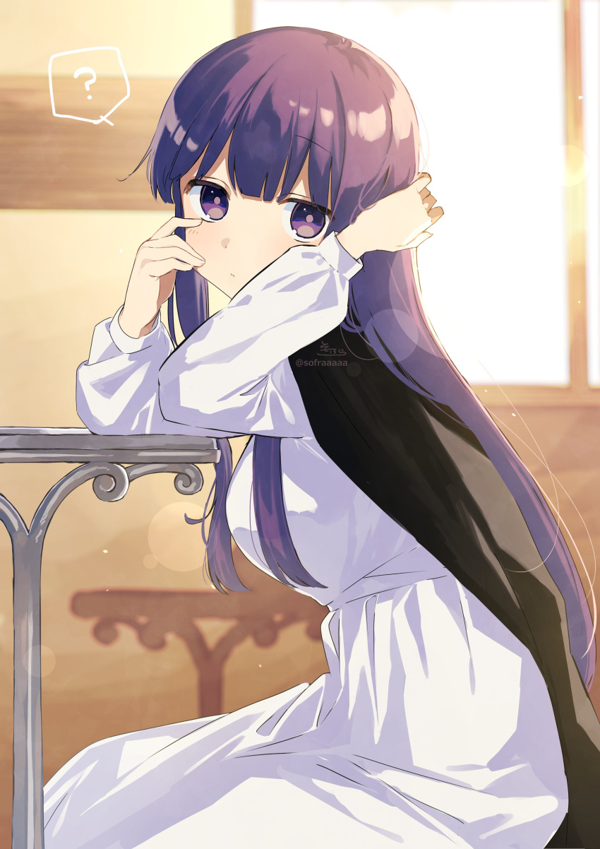 1girl ? absurdres arm_behind_head arm_up black_robe blush breasts closed_mouth commentary_request day dress fern_(sousou_no_frieren) from_side hand_up highres indoors large_breasts long_hair long_sleeves looking_at_viewer looking_to_the_side puffy_long_sleeves puffy_sleeves purple_hair robe signature sitting sofra solo sousou_no_frieren spoken_question_mark sunlight table twitter_username very_long_hair violet_eyes white_dress window
