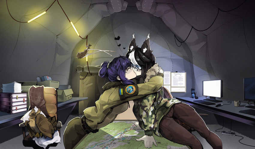 2girls animal_ears bird black_hair book book_stack box brown_pants camouflage camouflage_jacket cat_ears character_request closed_eyes coffee_mug commentary cup english_commentary funkiflame green_jacket hair_bun heart highres indie_virtual_youtuber indoors jacket keyboard_(computer) kiss leaf leaf_on_head long_sleeves map_(object) monitor mouse_(computer) mug multiple_girls owl pants power_strip purple_hair sidelocks table topographic_map ukrainian_flag virtual_youtuber white_hair yuri