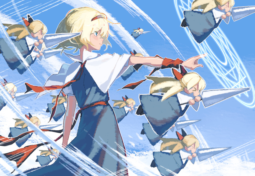&gt;_&lt; alice_margatroid blonde_hair blue_dress blue_eyes capelet closed_mouth dress floating_clothes hairband highres holding holding_polearm holding_weapon lance magic_circle neck_ribbon outline outstretched_arm pointing polearm red_hairband red_ribbon ribbon shanghai_doll short_hair short_sleeves touhou tuck_(tuck23978434) weapon white_capelet white_outline wind