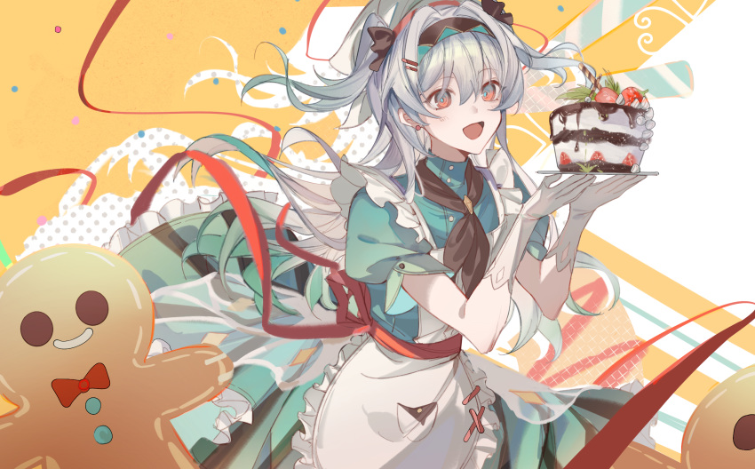 1girl :d abstract_background alternate_costume apron aqua_dress aqua_eyes black_bow black_hairband bow cake chinese_commentary commentary_request dress firefly_(honkai:_star_rail) food gingerbread_cookie gloves gradient_hair green_hair green_pupils hair_between_eyes hair_bow hairband highres holding holding_plate honkai:_star_rail honkai_(series) looking_at_viewer maid maid_apron multicolored_hair multiple_hair_bows orange_eyes plate rongyishoushan2 smile solo twintails two-tone_eyes white_gloves white_hair