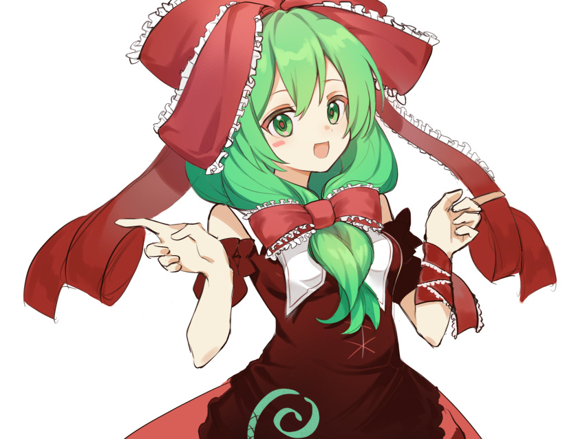 1girl arm_ribbon bare_shoulders bow dress frilled_bow frilled_ribbon frills front_ponytail green_eyes green_hair hair_bow hair_ribbon highres kagiyama_hina looking_at_viewer off-shoulder_dress off_shoulder open_mouth puffy_short_sleeves puffy_sleeves red_bow red_ribbon ribbon short_sleeves shuoqilaiyoudian simple_background smile solo touhou white_background