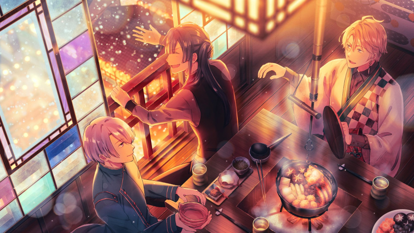 3boys :d ^_^ architecture asa_no_ha_(pattern) azuma_hatori black_pants black_vest blue_coat blue_eyes blue_hair blunt_ends bowl buttons carrot carrot_slice checkered_clothes checkered_kimono chopsticks closed_eyes closed_mouth coat collared_shirt cooking_pot cup dark_blue_hair double-breasted earrings east_asian_architecture egasumi fire food genzuki_toujirou grey_hair hair_between_eyes hair_over_one_eye hand_up highres holding holding_bowl holding_lid hotpot indoors japanese_clothes jewelry kaida_haru kimono ladle lantern lens_flare lid long_hair long_sleeves looking_at_another looking_to_the_side male_focus meat mismatched_earrings multiple_boys mushroom nabe nagao_kei nijisanji pants plate ponytail profile purple_hair railing red_sash sash shiitake shirt short_hair shouji shrimp sidelocks sitting sliding_doors smile snowing spring_onion steam sukiyaki table tassel tassel_earrings teeth upper_body upper_teeth_only valz vegetable vest violet_eyes virtual_youtuber white_kimono wooden_floor wooden_table yunomi