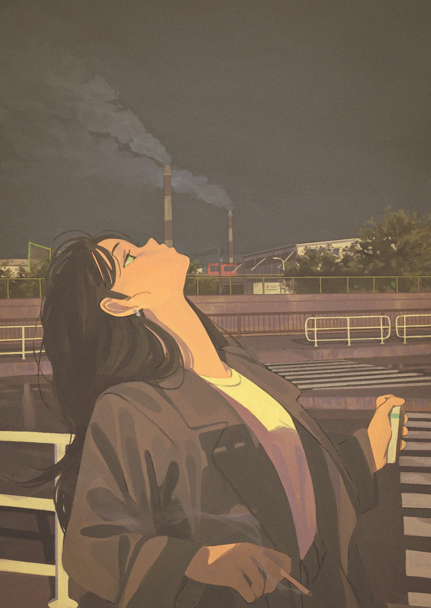 1girl black_coat black_hair cigarette cigarette_pack coat commentary crosswalk earrings forced_perspective handrail highres holding holding_cigarette holding_cigarette_pack jewelry jiankun_yu long_hair long_neck looking_up night night_sky original outdoors shirt single_earring sky smoke smokestack smoking solo town white_shirt wide_sleeves