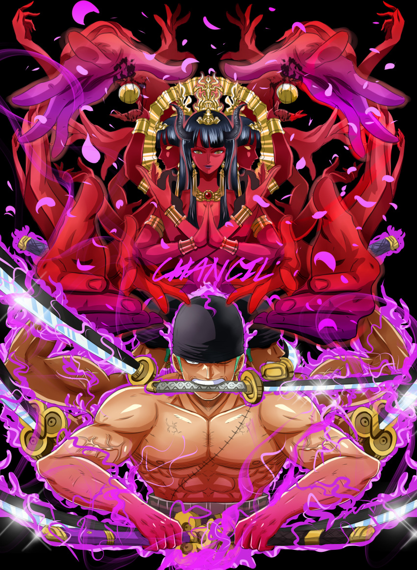 1boy 1girl abs absurdres artist_name aura bandana black_background black_hair black_horns blunt_bangs bracelet chancil colored_skin crossed_arms english_commentary extra_arms green_hair haramaki highres holding holding_sword holding_weapon horns jewelry long_hair looking_at_viewer muscular muscular_male necklace nico_robin one_piece profile red_skin roronoa_zoro scar scar_across_eye scar_on_chest sideburns simple_background sword topless_male upper_body veins weapon yellow_eyes