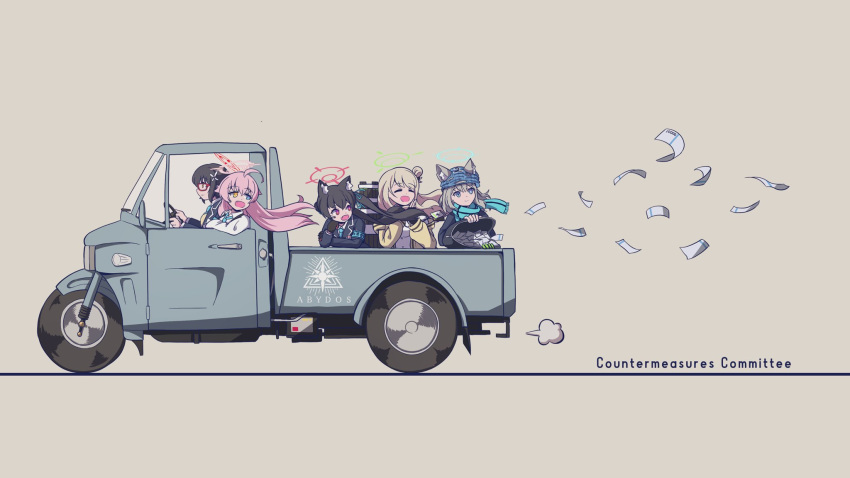 5girls :d animal_ear_fluff animal_ears ayane_(blue_archive) bag balaclava black_hair black_jacket blazer blue_archive blue_eyes blue_necktie blue_scarf brown_hair car cardigan cat_ears cat_girl collared_shirt commentary_request driving english_text foreclosure_task_force_(blue_archive) glasses grey_hair hair_between_eyes hair_bun hair_ornament hairclip halo heterochromia highres holding holding_bag hoshino_(blue_archive) jacket long_hair long_sleeves looking_at_another mask mask_on_head medium_hair mismatched_pupils money motor_vehicle multiple_girls necktie nonomi_(blue_archive) open_cardigan open_clothes pink_hair pointy_ears red_eyes scarf school_uniform serika_(blue_archive) shiroko_(blue_archive) shirt short_hair shoulder_strap sidelocks simple_background single_side_bun smile twintails white_shirt wind wolf_ears wolf_girl yellow_cardigan yellow_eyes yukimi_unagi