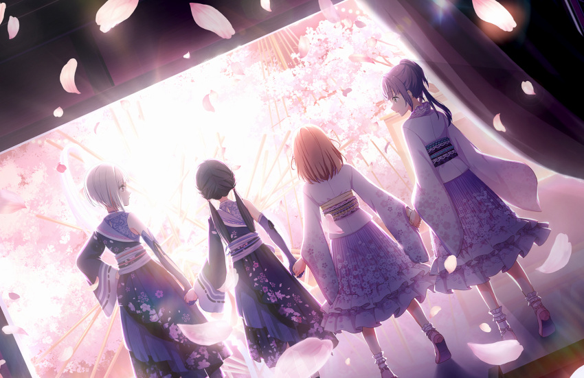 4girls black_hair bob_cut cherry_blossoms colored_inner_hair dress dutch_angle elbow_gloves falling_petals floral_print_kimono from_behind game_cg gloves green_eyes grey_hair highres hinoshita_kaho holding_hands inverted_bob japanese_clothes kimono lens_flare link!_like!_love_live! long_hair looking_at_another love_live! low_twintails medium_dress medium_hair medium_skirt multicolored_hair multiple_girls murano_sayaka obi official_art orange_hair otomune_kozue ouka_ranman_(love_live!) petals pink_kimono pink_petals pink_sash pink_skirt purple_dress purple_gloves purple_hair purple_sash red_eyes redhead sash scapegoat_(love_live!) short_hair side_ponytail sidelocks single_elbow_glove single_sleeve skirt streaked_hair third-party_source twintails two_side_up virtual_youtuber wide_sleeves yugiri_tsuzuri
