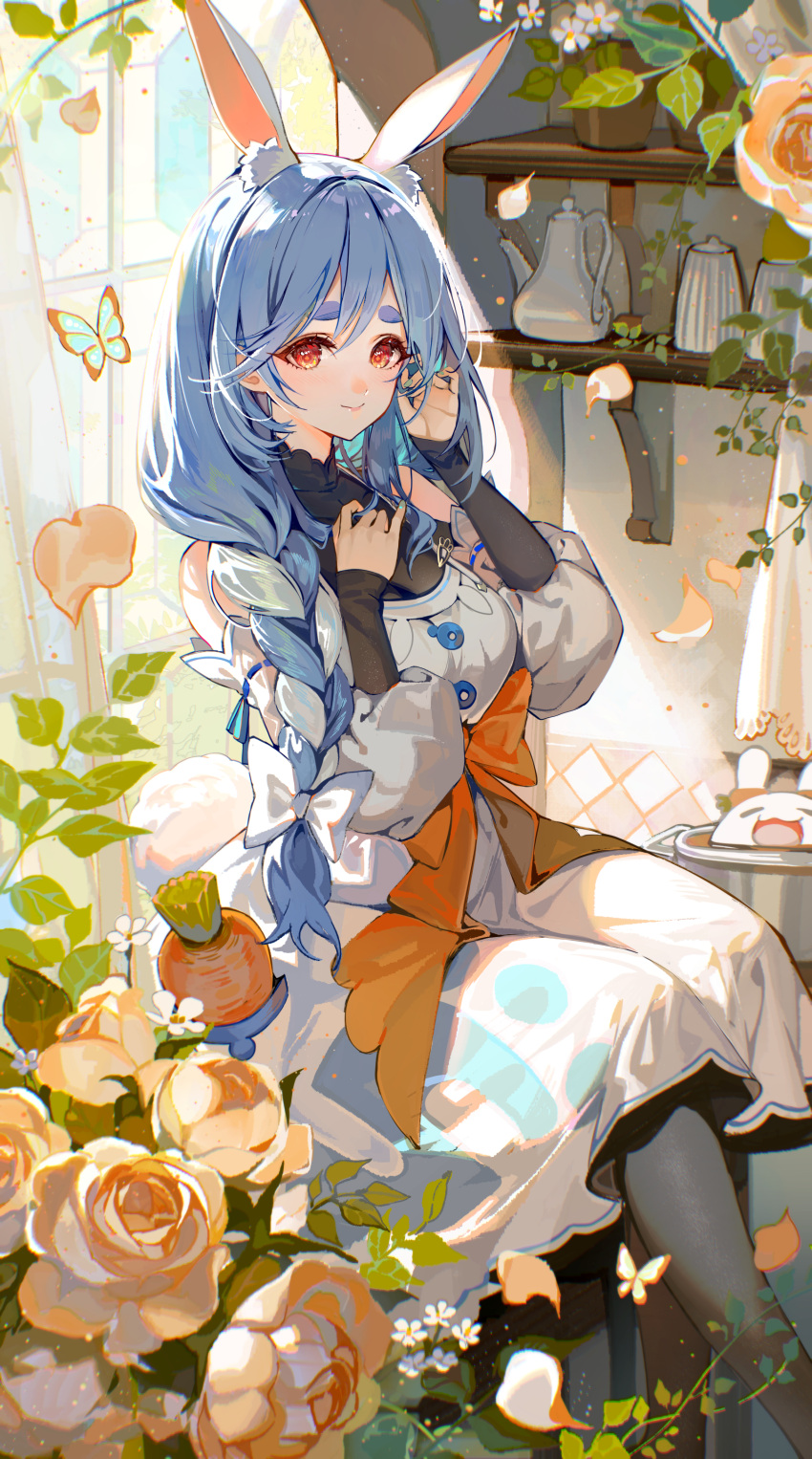 1girl absurdres akizero1510 animal_ear_fluff animal_ears apron bare_shoulders black_bodysuit black_thighhighs blue_hair blush bodysuit braid braided_ponytail breasts bug butterfly carrot carrot_in_pocket flower highres hololive indoors large_breasts long_hair long_sleeves looking_at_viewer mature_female multicolored_hair open_mouth pekomama pink_flower pink_rose playboy_bunny rabbit_ears rabbit_girl rose short_eyebrows sitting smile solo thigh-highs usada_pekora virtual_youtuber white_hair window