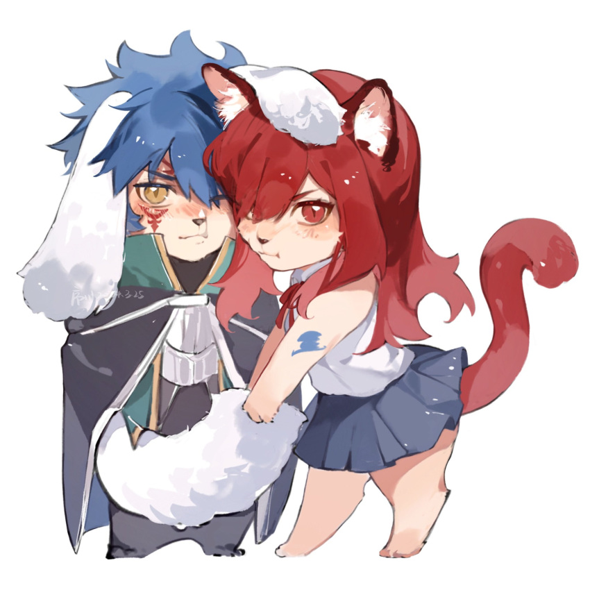 1boy 1girl animal_ears arm_tattoo barefoot black_cloak blue_hair blue_skirt brown_eyes cat_ears cat_girl cat_tail chibi chibi_only cloak dog_boy dog_ears dog_tail erza_scarlet facial_tattoo fairy_tail floppy_ears full_body grabbing_another's_tail highres jellal_fernandes jyukawa looking_at_viewer pleated_skirt red_eyes red_tail redhead shirt simple_background skirt sleeveless sleeveless_shirt standing tail tattoo white_background white_shirt white_tail