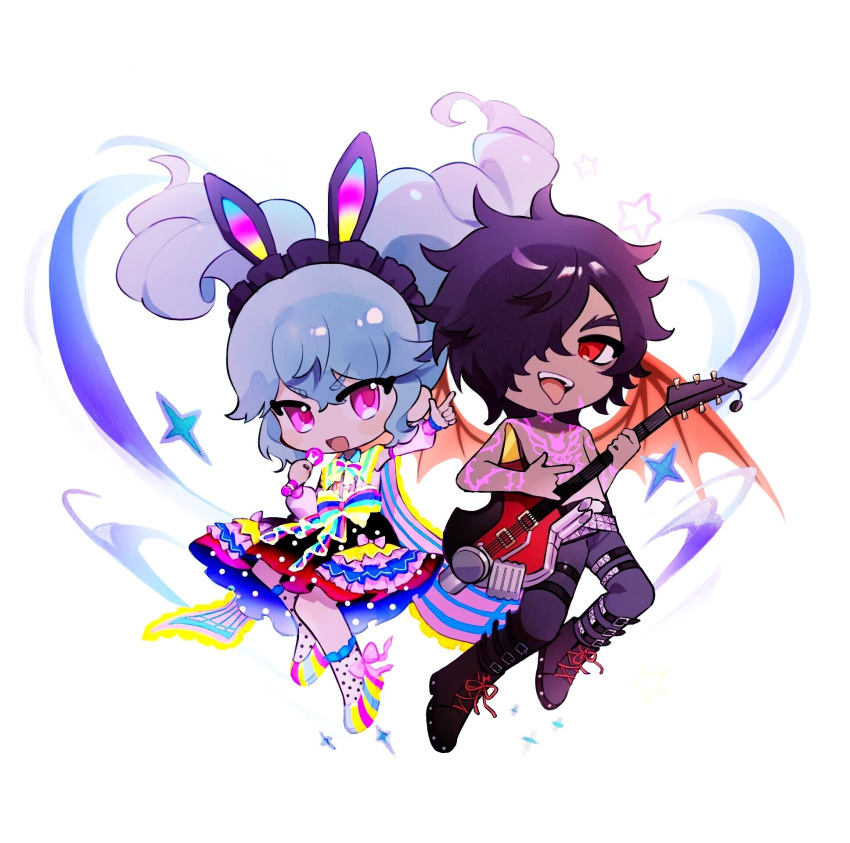 1boy 1girl :d \m/ animal_ear_hairband animal_ears arm_up belt black_belt black_footwear blue_hair body_markings boots chibi dark-skinned_male dark_skin demon_wings drill_hair fake_animal_ears full_body glowing_clothes grey_pants guitar hair_over_one_eye hairband highres holding holding_guitar holding_instrument holding_microphone idol_clothes idol_land_pripara index_finger_raised instrument katasumi_amari knee_boots long_hair looking_at_viewer mario_(pripara) microphone open_mouth pants pink_eyes playing_guitar polka_dot polka_dot_skirt pretty_series pripara rabbit_ear_hairband rabbit_ears red_eyes red_wings shoes short_hair skirt smile sparkle standing swirl tongue tongue_out topless_male twin_drills twintails white_background wings zhou_(suzusuz57561619)