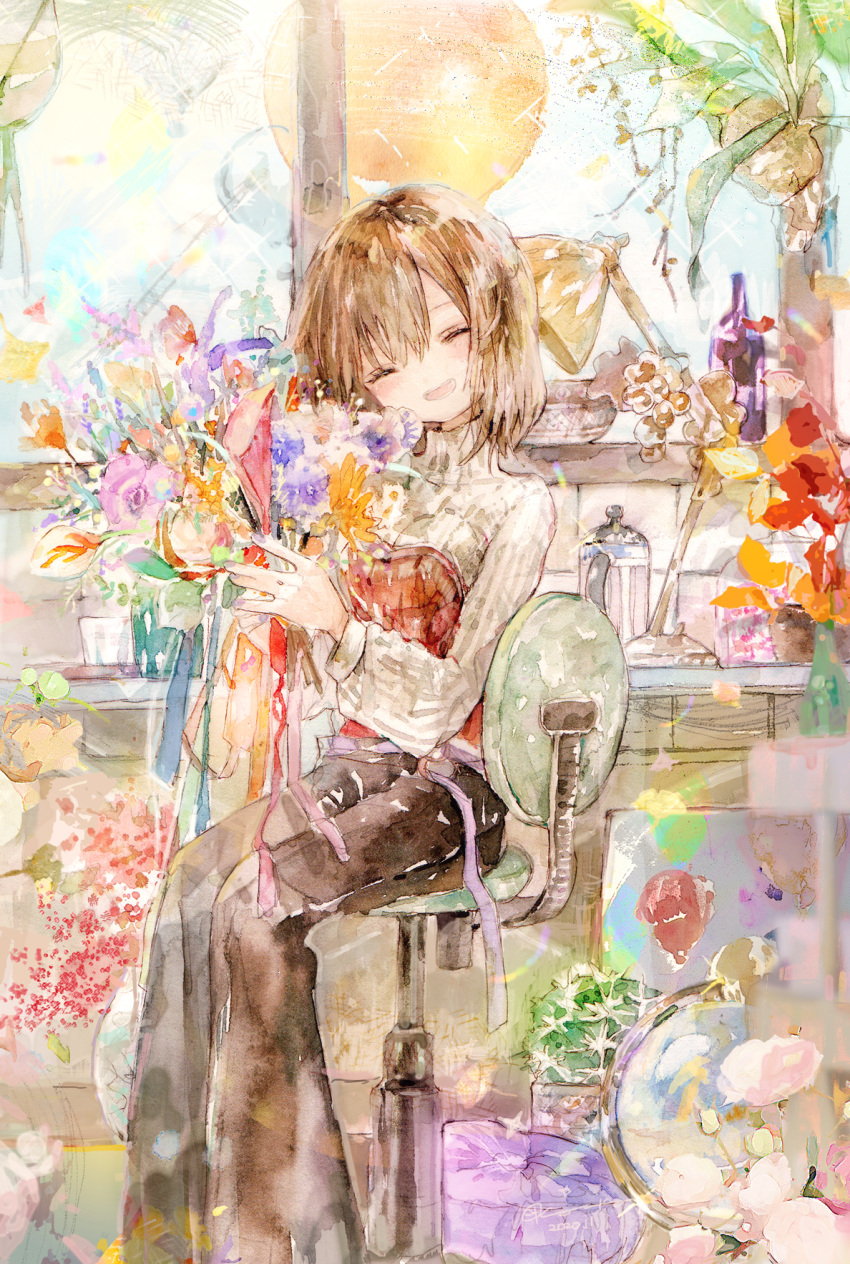 1girl bell-bottoms bouquet brown_hair brown_pants chair closed_eyes desk desk_lamp facing_viewer highres holding holding_bouquet kazuka lamp long_sleeves office_chair open_mouth original painting_(medium) pants sitting solo sweater swivel_chair traditional_media turtleneck turtleneck_sweater watercolor_(medium)