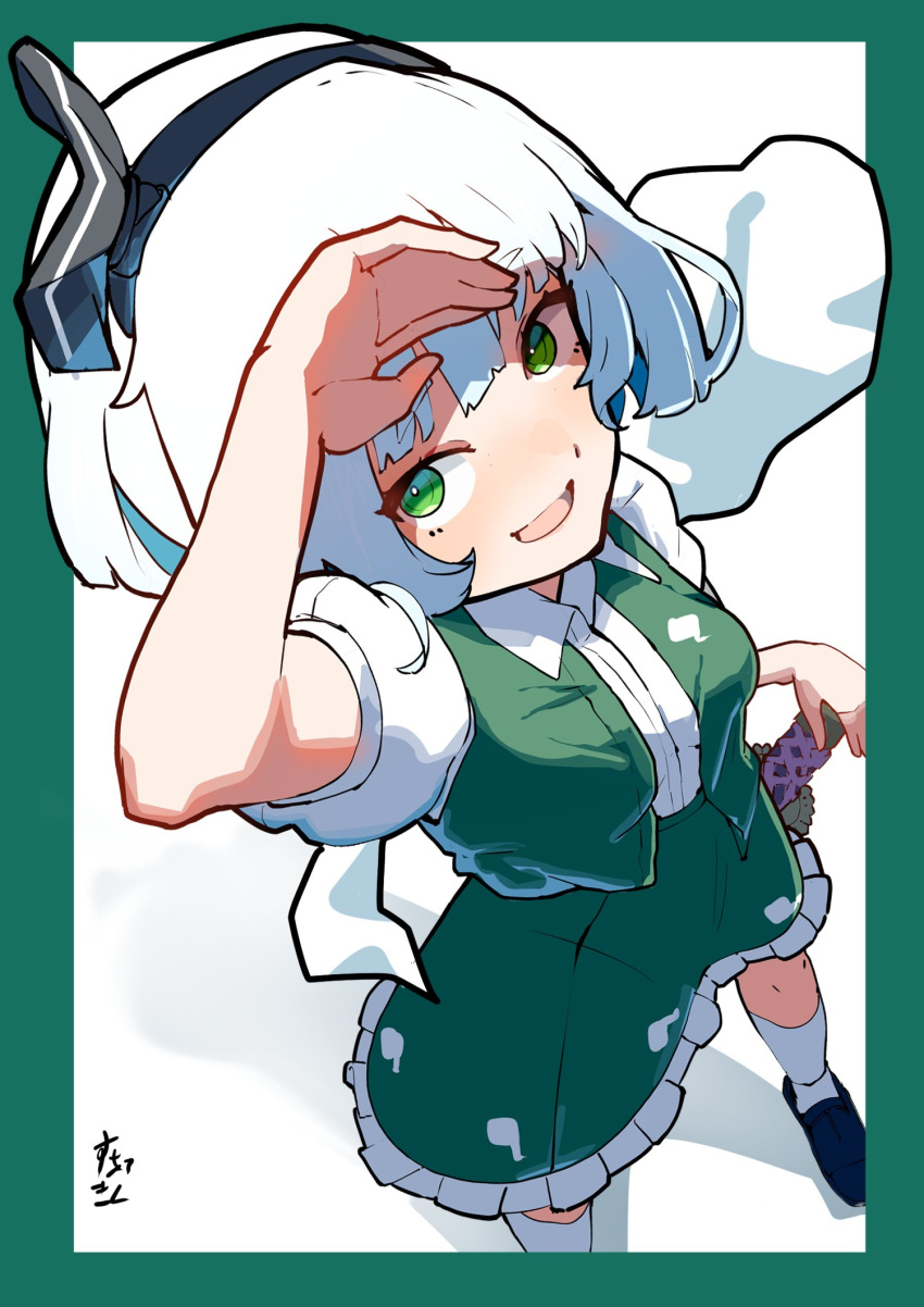 1girl arm_up black_hairband black_ribbon border bright_pupils collared_shirt commentary foot_out_of_frame frilled_skirt frills from_above green_border green_eyes green_skirt green_vest hair_ribbon hairband highres hitodama_print kneehighs konpaku_youmu konpaku_youmu_(ghost) light_blush looking_at_viewer open_clothes open_mouth open_vest outside_border ribbon shirt short_hair short_sleeves simple_background sketch skirt smile socks solo standing suarokin touhou vest white_background white_hair white_pupils white_shirt white_socks