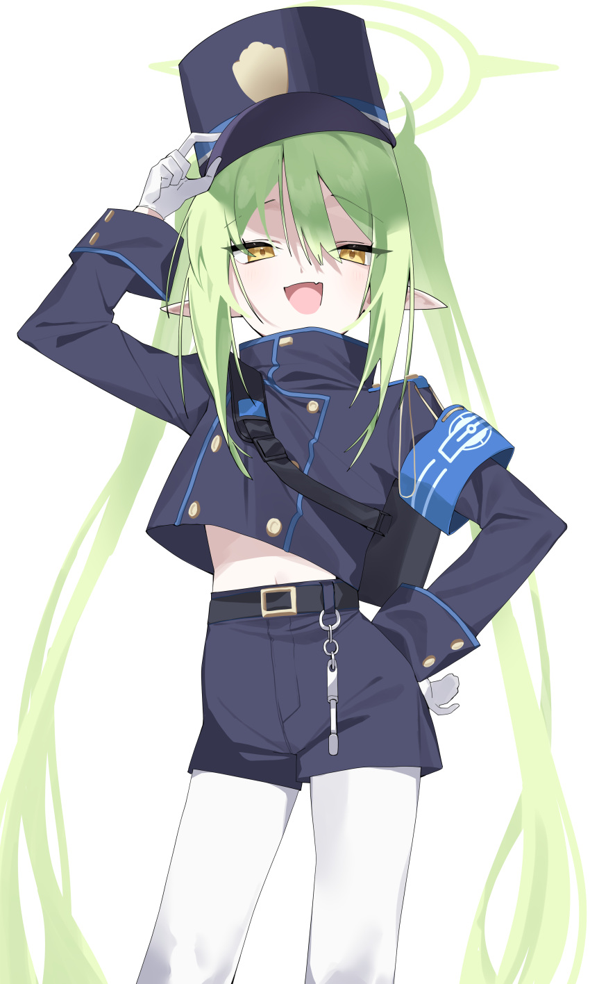 1girl absurdres ahegao armband belt blue_archive blue_armband buttons crop_top double-breasted flat_chest gang_h gloves green_hair green_halo halo highlander_twintails_conductor_(blue_archive) highres long_hair navel pantyhose pointy_ears simple_background solo train_conductor very_long_hair whistle white_background white_gloves white_pantyhose yellow_eyes