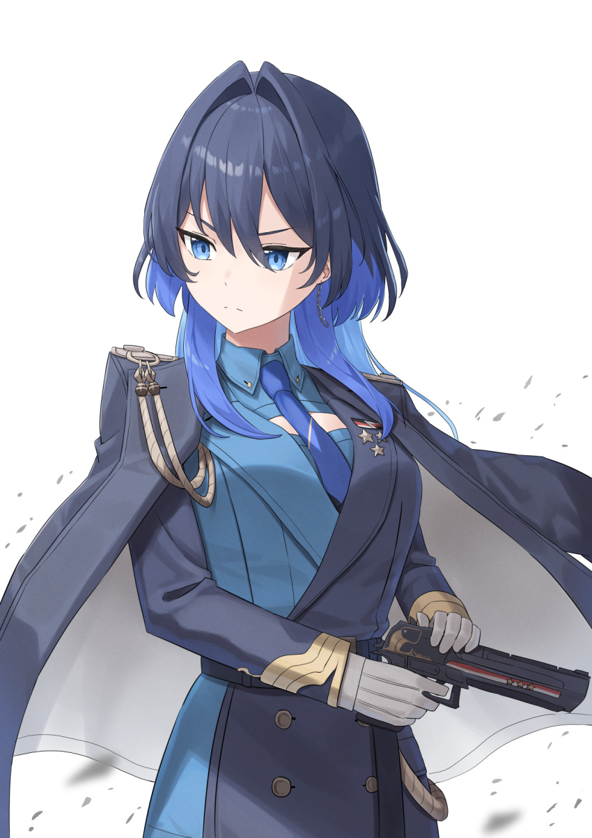 1girl blue_coat blue_eyes blue_hair blue_jacket blue_necktie coat collared_jacket colored_inner_hair finger_on_trigger gloves gun highres holding holding_gun holding_weapon hololive hololive_english jacket looking_at_viewer multicolored_hair necktie official_alternate_costume ouro_kronii ouro_kronii_(4th_costume) solo vakuuberi virtual_youtuber weapon white_gloves wolf_cut
