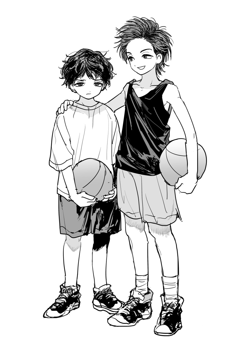 2boys absurdres ball basketball_(object) basketball_uniform character_request closed_mouth collarbone copyright_request full_body hand_on_another's_shoulder highres holding holding_ball jihecchi looking_at_viewer multiple_boys shoes short_sleeves shorts simple_background socks sportswear tank_top