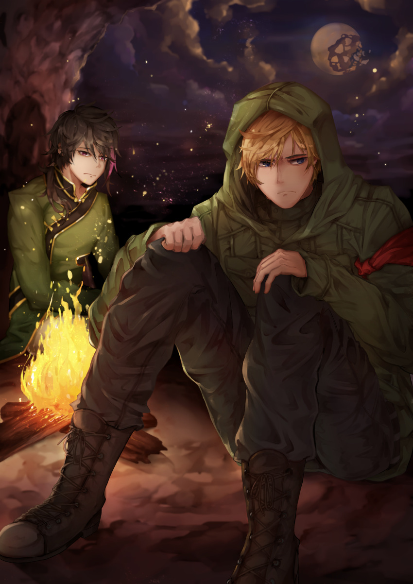 2boys absurdres bare_shoulders black_hair blonde_hair blue_eyes boots brown_footwear brown_pants campfire chinese_clothes closed_mouth clouds cloudy_sky commission english_commentary fire green_jacket highres husk57 jacket jaune_arc lie_ren long_hair long_sleeves male_focus medibang_paint_(medium) moon multiple_boys night night_sky outdoors pants pink_eyes rwby sitting sky