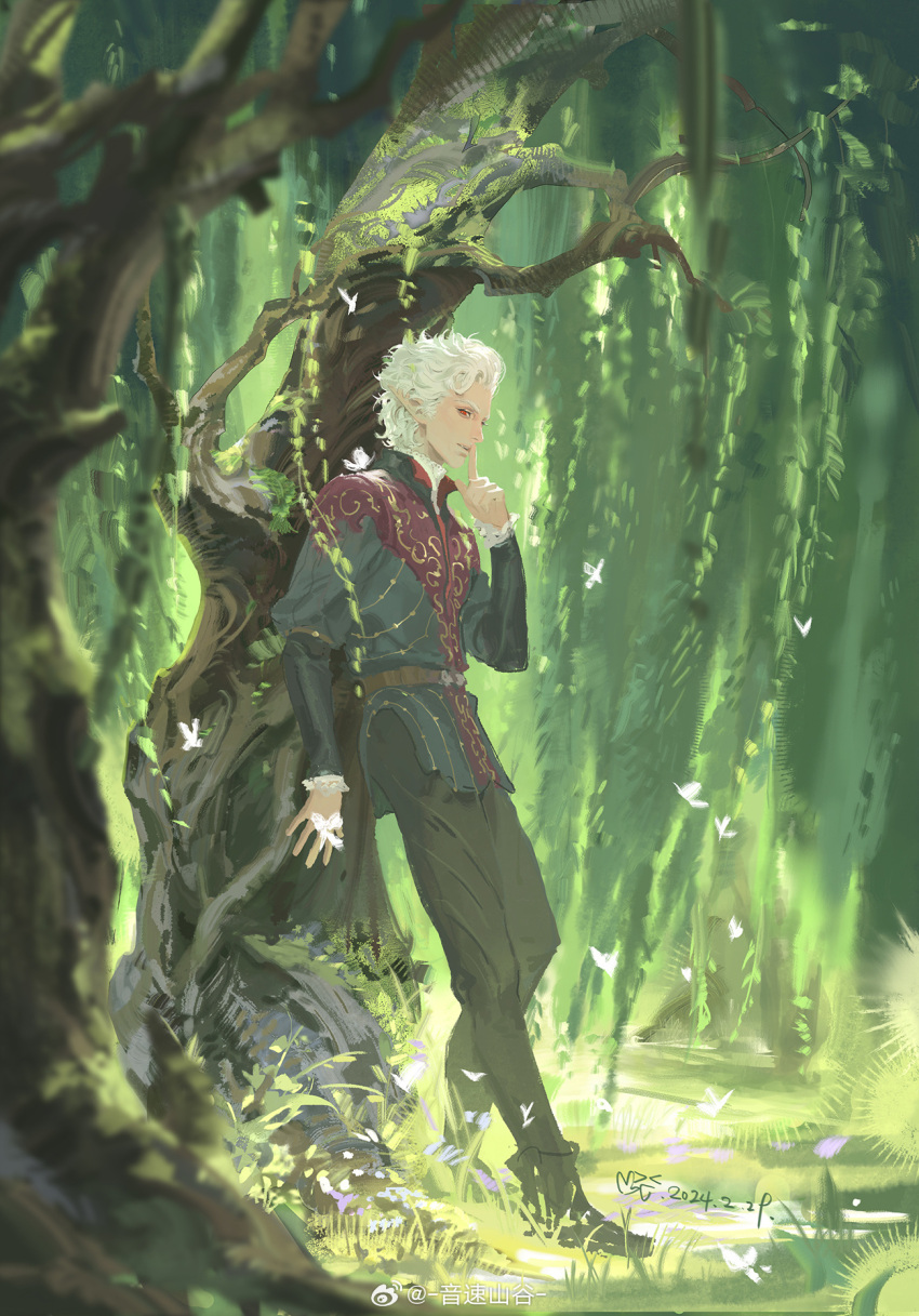 1boy astarion baldur's_gate baldur's_gate_3 black_footwear black_pants blue_jacket bug butterfly butterfly_on_shoulder curly_hair dungeons_&_dragons finger_to_mouth forest frilled_shirt_collar frilled_wrist_cuffs frills hand_rest highres jacket leaning_back leather leather_jacket looking_to_the_side multicolored_clothes multicolored_jacket nature pants pointy_ears purple_jacket red_eyes short_hair tree white_butterfly white_hair willow wrist_cuffs yoku_(liuyc)