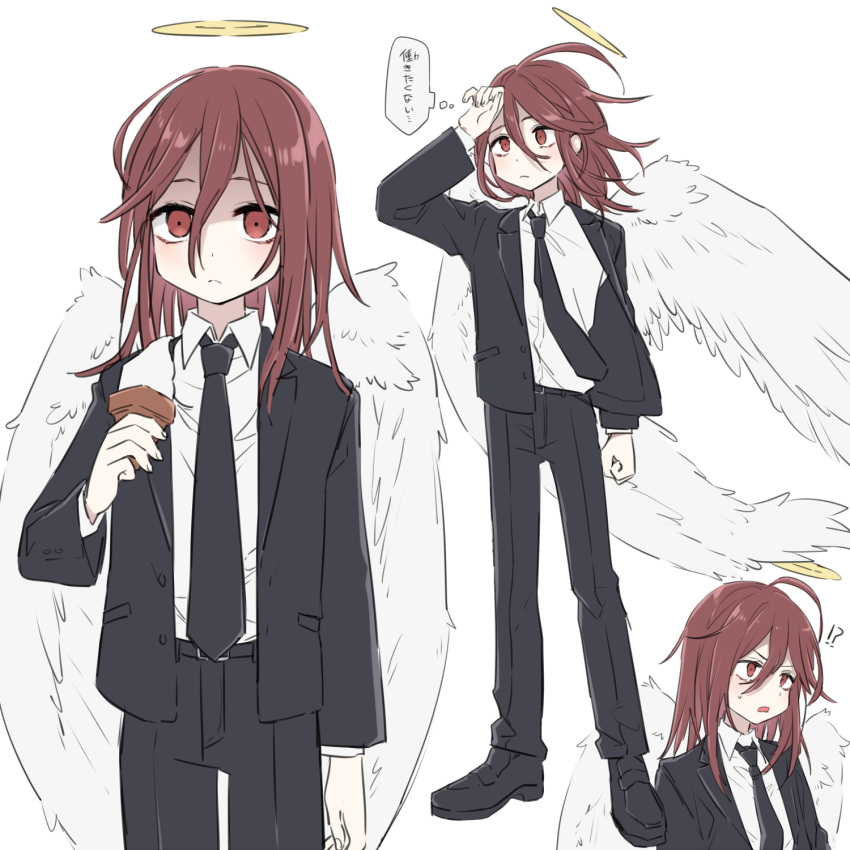 !? 1boy ahoge androgynous angel angel_devil_(chainsaw_man) angel_wings annoyed arm_at_side arm_up belt belt_buckle black_belt black_footwear black_jacket black_necktie black_pants black_suit blush buckle chainsaw_man collared_shirt expressionless feathered_wings fingernails food full_body hair_between_eyes halo highres holding holding_food holding_ice_cream holding_ice_cream_cone ice_cream ice_cream_cone jacket large_wings leftporygon long_bangs long_sleeves looking_ahead looking_at_viewer medium_hair multiple_views necktie open_clothes open_jacket open_mouth pants red_eyes redhead shirt shirt_tucked_in standing suit suit_jacket v-shaped_eyebrows white_shirt white_wings wind wings yellow_halo