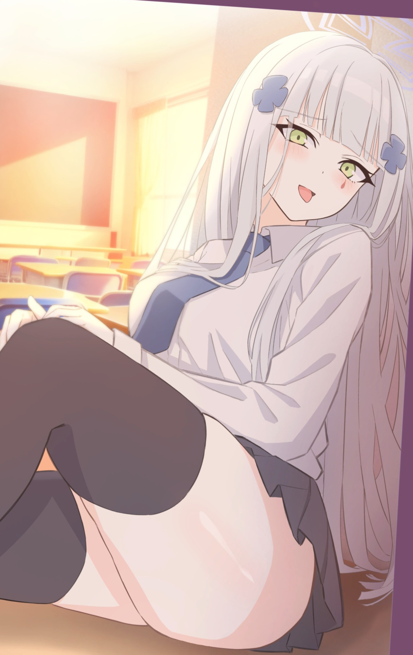 1girl absurdres black_skirt black_thighhighs blue_necktie blush breasts classroom girls_frontline green_eyes highres hk416_(girls'_frontline) large_breasts long_hair looking_at_viewer necktie shirt sitting skirt solo thigh-highs thighs tongue uchikata_takeaki white_hair white_shirt