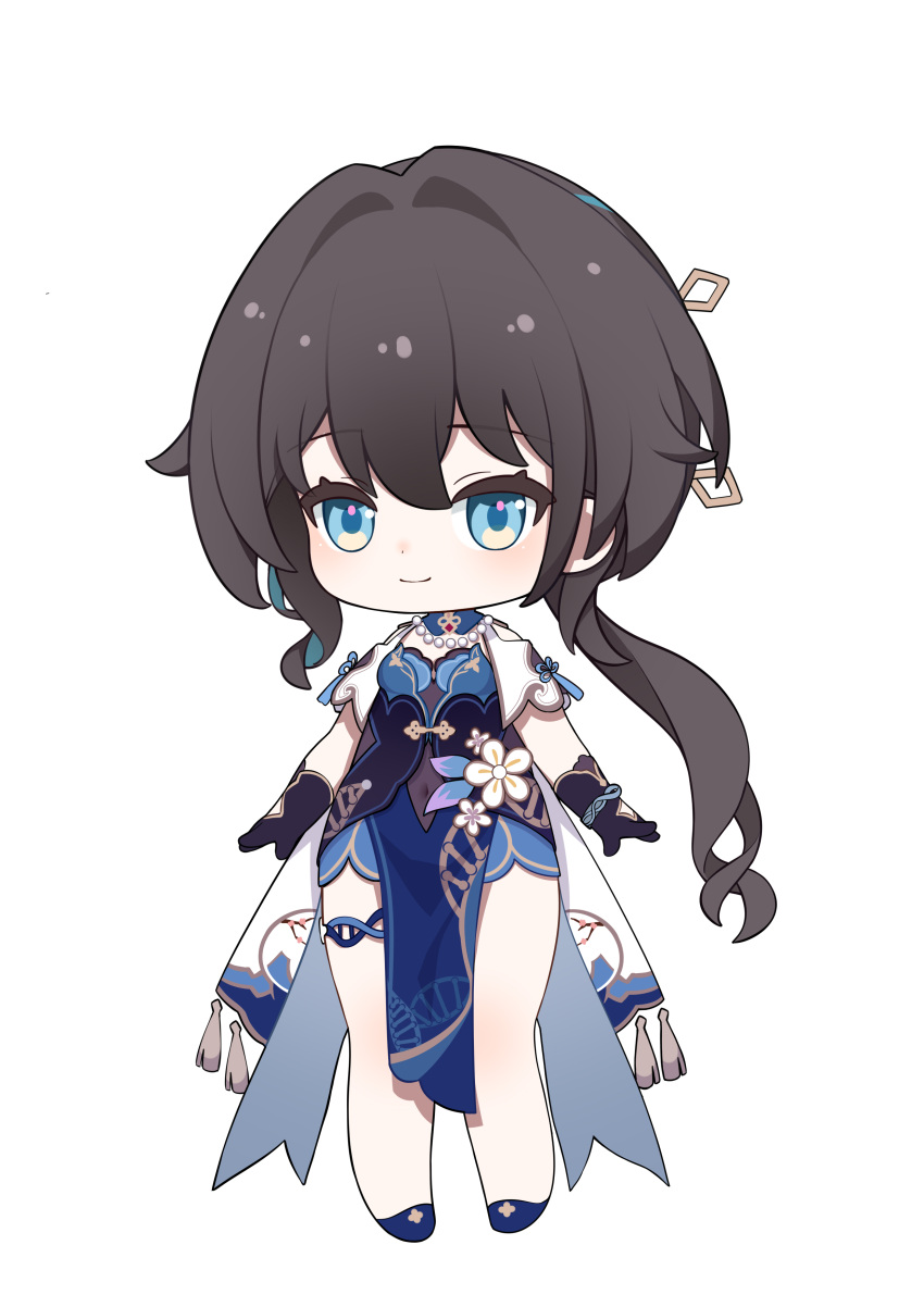 1girl a-pose absurdres bare_legs black_gloves blue_eyes blue_footwear brooch brown_hair chibi china_dress chinese_clothes clothing_cutout covered_navel dress elbow_gloves full_body gloves gold_trim hair_between_eyes hair_intakes highres honkai:_star_rail honkai_(series) jewelry long_hair looking_to_the_side low_ponytail multicolored_hair navel_cutout necklace pearl_necklace pelvic_curtain print_dress ruan_mei_(honkai:_star_rail) ruochi_lk shoes shrug_(clothing) sidelocks simple_background smile streaked_hair tassel thigh_strap very_long_hair white_background