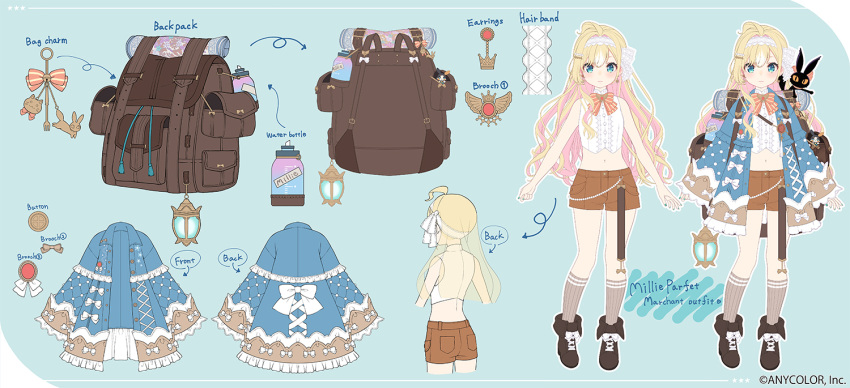 778-go ahoge aqua_eyes aqua_nails backpack bag bare_shoulders blue_jacket blush bottle bow bowtie character_name copyright_name famillie_(millie_parfait) flat_chest from_behind hair_between_eyes hair_ornament hairband hairclip jacket lace_hairband lantern long_hair lucie_(millie_parfait) midriff millie_parfait millie_parfait_(4th_costume) multiple_views navel nijisanji nijisanji_en official_art reference_sheet second-party_source shorts socks tachi-e translucent_hair virtual_youtuber water_bottle white_hairband
