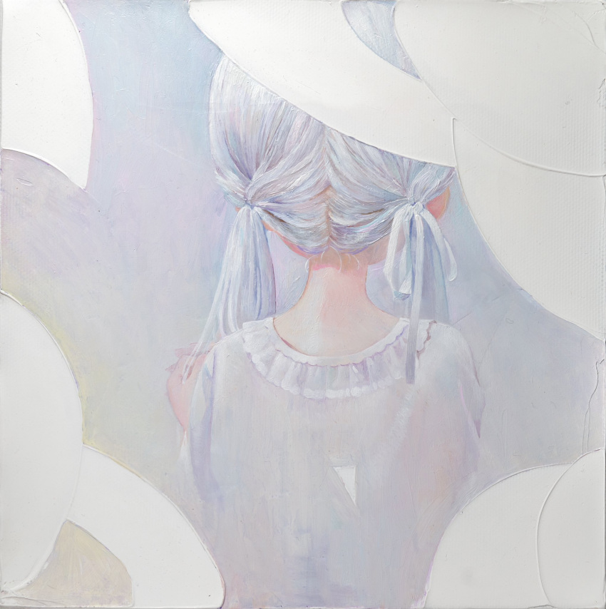 1girl commentary_request dress facing_away from_behind highres kaede_(shijie_heping) long_hair nape oil_painting_(medium) original painting_(medium) solo traditional_media twintails upper_body white_dress white_hair
