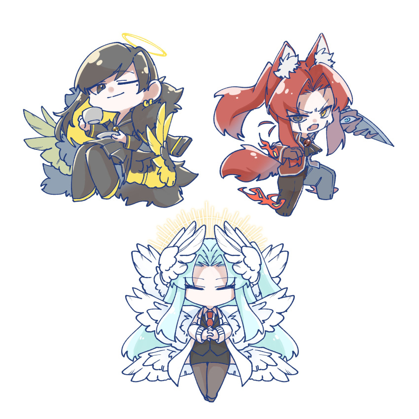 3girls absurdres angel angel_wings angela_(project_moon) animal_ears binah_(project_moon) black_bodysuit black_dress black_eyes black_hair blue_hair bodysuit chibi coat colored_inner_hair dress e.g.o_(project_moon) gebura_(project_moon) halo halo_behind_head head_wings heterochromia high_ponytail highres holding holding_sword holding_weapon library_of_ruina lobotomy_corporation long_hair long_sleeves looking_at_viewer low_wings mimicry_(e.g.o) multicolored_hair multiple_girls multiple_wings one_side_up open_mouth parted_bangs project_moon red_coat seraph simple_background ssmr_rolling sword tail very_long_hair weapon white_background wings wolf_ears wolf_tail yellow_eyes