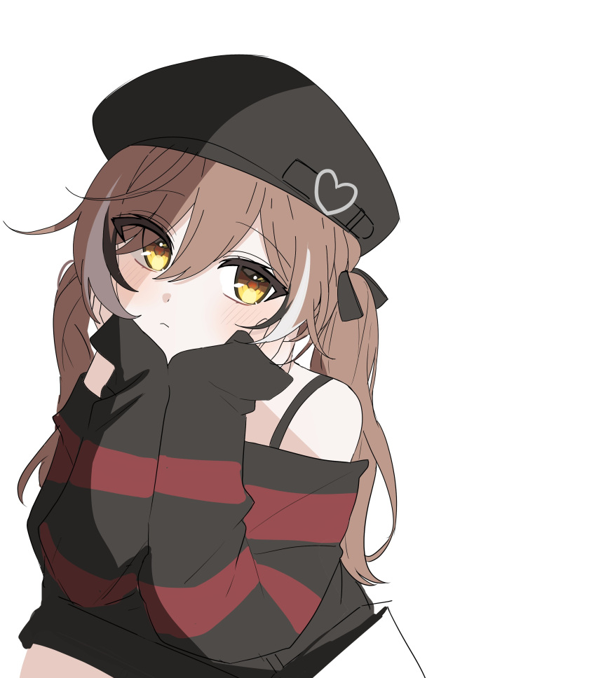 1girl absurdres beret black_ribbon black_sweater brown_eyes brown_hair emo_fashion hair_over_one_eye hair_ribbon hat head_rest highres hololive hololive_english looking_at_viewer multicolored_hair nanashi_mumei nanashi_mumei_(emo) off_shoulder red_sweater ribbon shadow sleeves_past_fingers sleeves_past_wrists spaghetti_strap streaked_hair striped_clothes striped_sweater sweater twintails two-tone_sweater virtual_youtuber xx_tk9