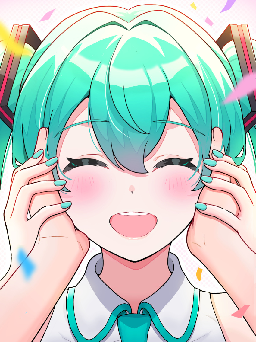 1girl 1other ^_^ aqua_hair aqua_nails aqua_necktie close-up closed_eyes collared_shirt dot_nose facing_viewer gradient_background hair_between_eyes hair_intakes hair_ornament hand_grab hatsune_miku highres holding_another's_head light_blush long_hair miku_day necktie open_mouth shirt sidelocks simple_background sleeveless sleeveless_shirt smile streamers teeth twintails upper_teeth_only uzuki_sena very_long_hair vocaloid white_background white_shirt