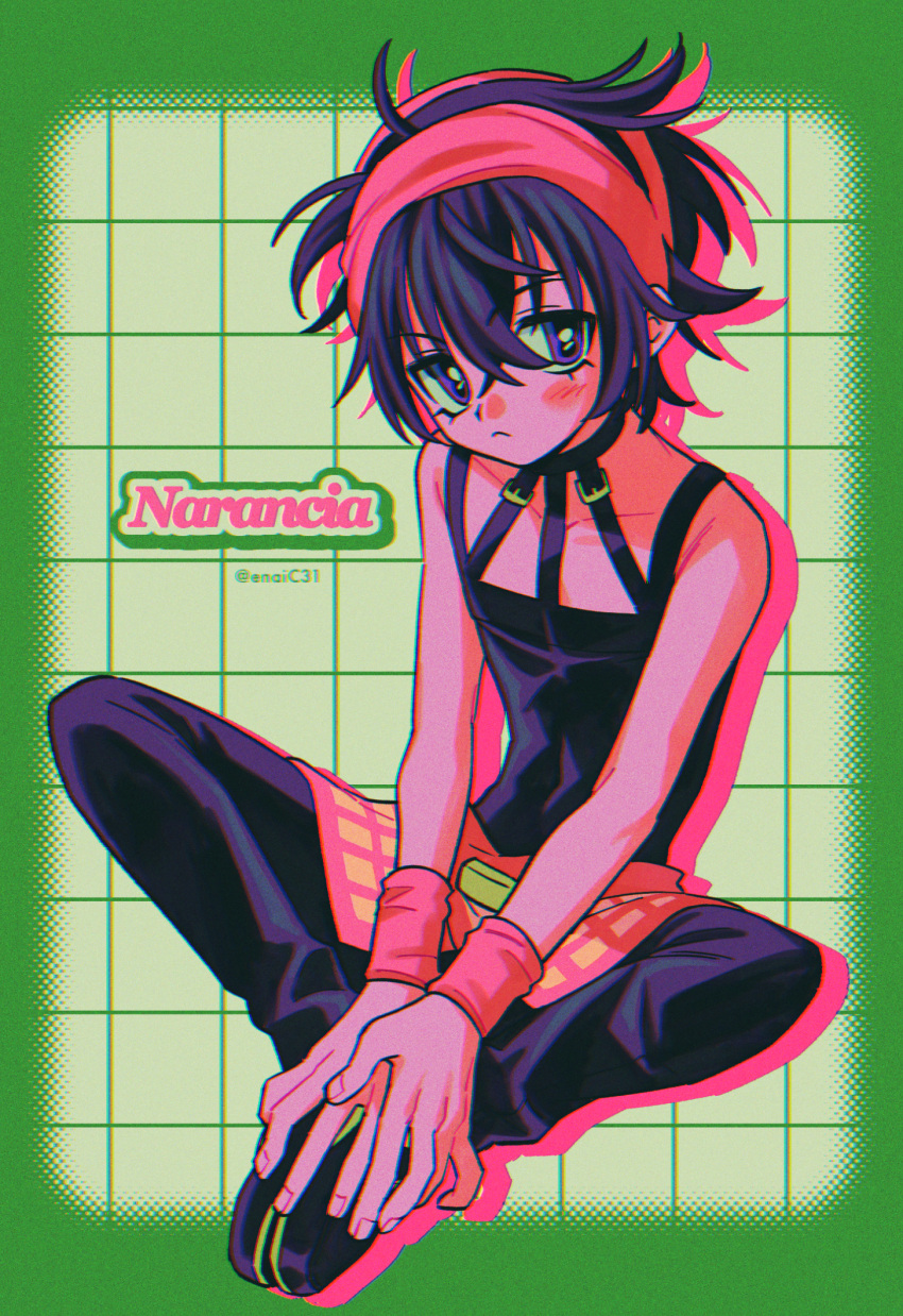 1boy ahoge artist_name bare_arms black_choker black_footwear black_pants black_tank_top blush border character_name choker chromatic_aberration closed_mouth collarbone covered_navel fingernails full_body green_background green_border grid_background hair_between_eyes highres jojo_no_kimyou_na_bouken knees_apart_feet_together looking_at_viewer menma_(enaic31) narancia_ghirga own_hands_together pants red_skirt red_wristband retro_artstyle short_hair sitting skirt sleeveless solo tank_top v-shaped_eyebrows v_arms violet_eyes wristband