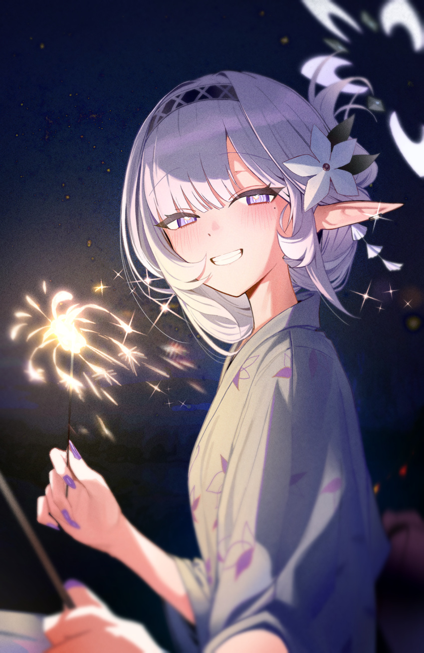 1girl alternate_costume black_hairband blue_archive blurry blush commentary depth_of_field fingernails floral_print_kimono flower folded_ponytail grey_hair grey_kimono hair_flower hair_ornament hairband halo highres himari_(blue_archive) holding_fireworks japanese_clothes kimono long_fingernails looking_at_viewer mole mole_under_eye nail_polish night night_sky pointy_ears purple_nails sky smile solo symbol-only_commentary upper_body violet_eyes white_hair white_halo zanya_000