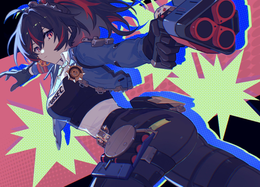 1girl ahoge aiming ass black_gloves black_hair black_pants black_shirt blue_jacket checkered_necktie collared_shirt commentary cowboy_shot earpiece english_text gloves gun hair_between_eyes hair_ornament high_ponytail highres holding holding_gun holding_weapon jacket logo long_hair looking_at_viewer mao_(expuella) multicolored_hair necktie open_clothes open_jacket pants red_eyes shirt sidelocks solo streaked_hair symbol-only_commentary weapon white_shirt zenless_zone_zero zhu_yuan