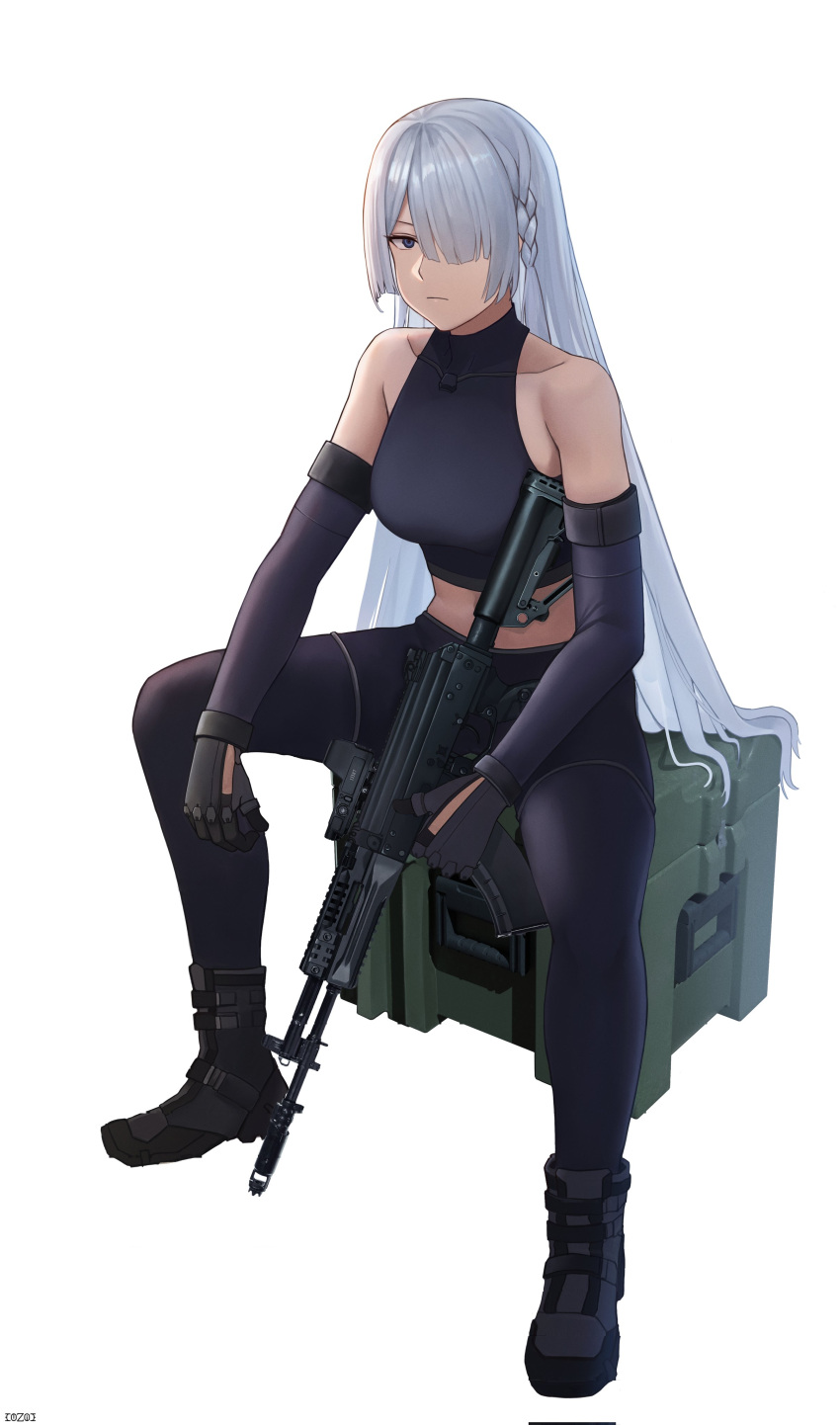 1girl absurdres ak-15 ak-15_(girls'_frontline) assault_rifle black_footwear black_gloves black_pants boots breasts closed_mouth cozie178 crate expressionless full_body girls_frontline gloves grey_hair gun hair_over_one_eye highres holding holding_gun holding_weapon kalashnikov_rifle long_hair looking_at_viewer pants rifle simple_background sitting solo violet_eyes weapon white_background