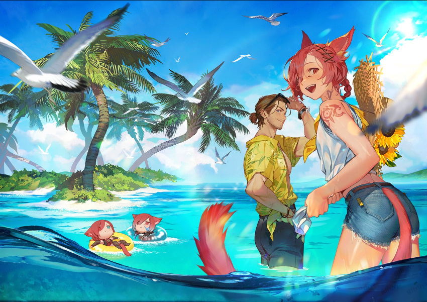 4boys :d adjusting_eyewear adventurer_(ff14) alternate_costume animal_ears arm_tattoo bare_arms bare_shoulders beard_stubble bird black_shorts blue_sky bracelet braid brown_hair cat_boy cat_ears cat_tail clouds commentary crystal_exarch denim denim_shorts eyewear_on_head facial_hair facial_mark ffxivys final_fantasy final_fantasy_xiv flower g'raha_tia hair_bun hair_ornament hair_over_one_eye hand_on_eyewear hand_on_own_hip hat hawaiian_shirt highres hyur innertube jewelry lens_flare looking_at_viewer looking_back male_focus mini_person miniboy miqo'te multiple_boys multiple_persona neck_tattoo neckerchief ocean one_eye_covered open_mouth outdoors palm_tree red_eyes redhead scenery seagull shirt short_hair shorts single_braid single_hair_bun sky sleeveless sleeveless_shirt slit_pupils smile standing straw_hat stubble summer sun_hat sunflower sunglasses swept_bangs swim_ring symbol-only_commentary tail tail_through_clothes tattoo tree unworn_hat unworn_headwear wading warrior_of_light_(ff14) water white_shirt wide_shot wringing_clothes x_hair_ornament yellow_innertube yellow_neckerchief yellow_shirt