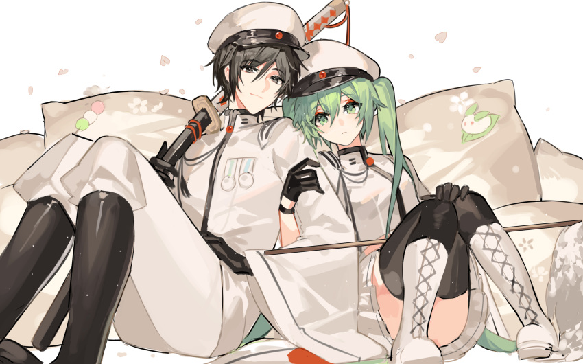 1boy 1girl absurdres black_eyes black_gloves black_hair black_thighhighs boots commentary_request cross-laced_footwear falling_petals furisode_sleeves gloves green_eyes green_hair hair_between_eyes hat hatsune_miku highres holding_another's_arm japanese_clothes kaito_(vocaloid) katana kazenemuri kimono knee_boots knees_up long_hair looking_at_viewer military_hat military_uniform petals project_diva_(series) rei_no_sakura_shirayuki_(module) scabbard sheath shiny_clothes short_hair sitting skirt smile sword thigh-highs twintails uniform vocaloid weapon white_background white_kimono white_theme wide_sleeves