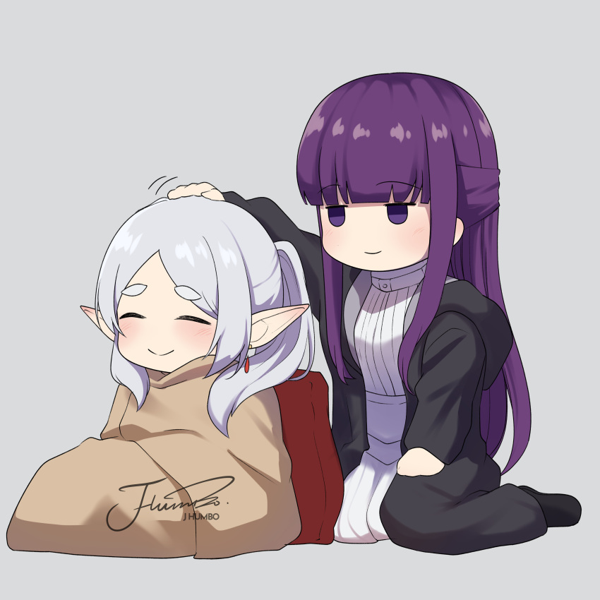 2girls absurdres arm_up artist_name black_cloak black_footwear blanket blunt_bangs blush chibi cloak closed_eyes closed_mouth commentary dress earrings elf fern_(sousou_no_frieren) frieren grey_background grey_hair hand_on_another's_head headpat highres hood hood_down hooded_cloak j_humbo jewelry jitome long_hair long_sleeves motion_lines multiple_girls no_nose open_cloak open_clothes parted_bangs pointy_ears purple_hair raised_eyebrows signature simple_background sitting sousou_no_frieren thick_eyebrows very_long_hair violet_eyes white_dress