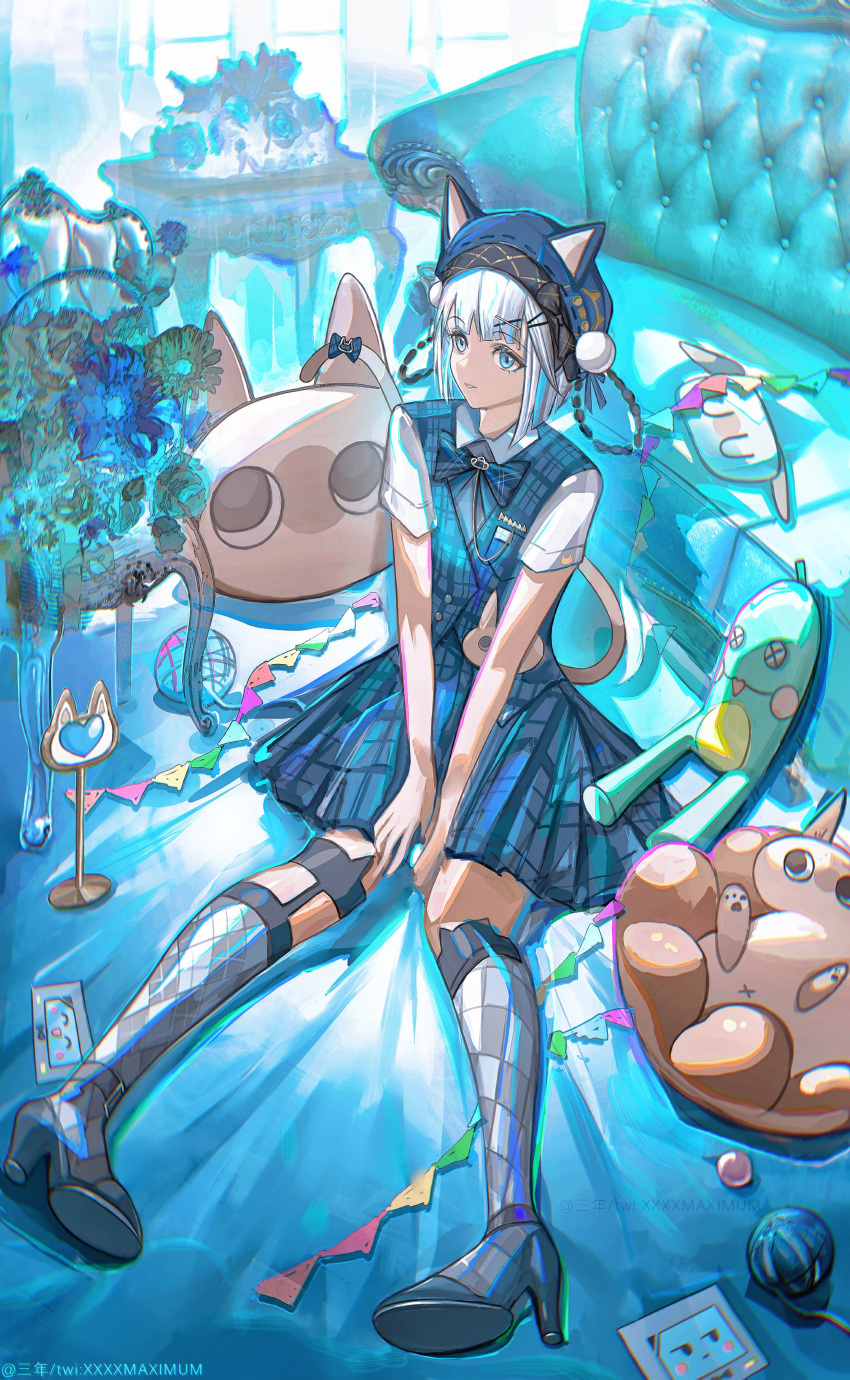 1girl absurdres animal_ear_headwear animal_ears artist_name bambinata_(punishing:_gray_raven) beret black_hair blue_bow blue_bowtie blue_eyes blue_jacket blue_sky bow bowtie braided_hair_rings cat_ears cat_tail chair checkered_bow checkered_bowtie checkered_clothes checkered_jacket checkered_skirt couch hair_ornament hairclip hat high_heels highres jacket multicolored_hair official_alternate_costume on_floor parted_lips punishing:_gray_raven sannen_(wuuk5423) shirt short_sleeves skirt sky sleeveless sleeveless_jacket solo stuffed_animal stuffed_cat stuffed_frog stuffed_toy tail tail_bow tail_ornament thigh-highs twitter_username two-tone_hair white_hair white_shirt x_hair_ornament
