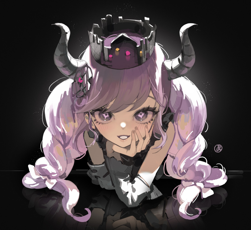 1girl absurdres black_background black_horns blush crown head_rest highres horns k_hottok long_hair looking_at_viewer master_detective_archives:_rain_code purple_hair reflection shinigami_(rain_code) smile solo symbol_in_eye twintails upper_body violet_eyes