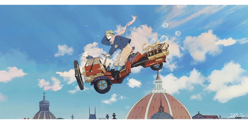 1boy air_bubble artist_name blonde_hair blue_jacket bubble clouds dog driving from_side full_body glasses green_hat hand_on_own_head hat highres illumi999 jacket looking_ahead male_focus on_vehicle original outdoors scarf short_hair sky solo