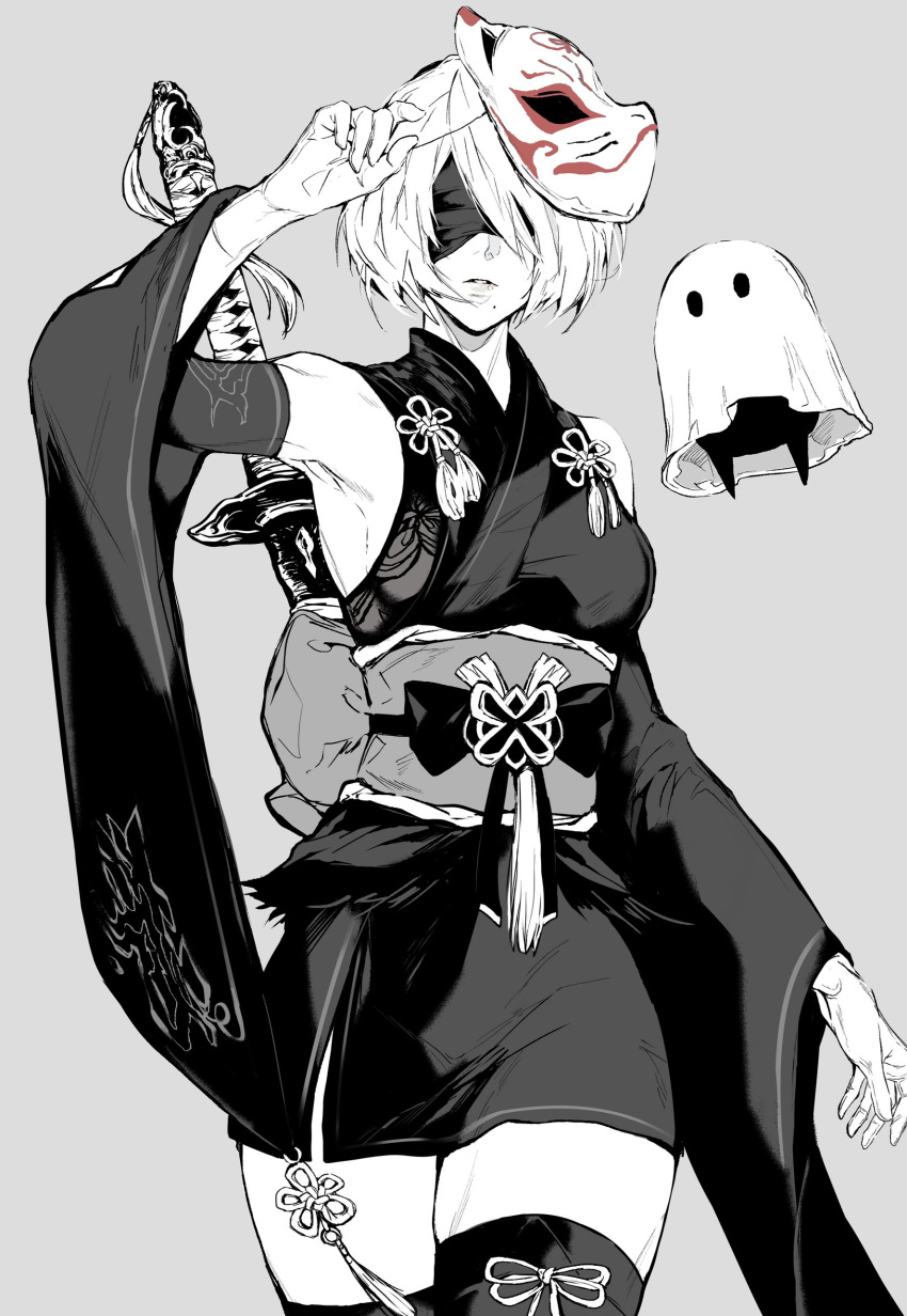 1girl 2b_(nier:automata) absurdres bare_shoulders blindfold breasts commentary fox_mask ghost gloves grey_background greyscale hand_up highres japanese_clothes kimono lips long_hair mama_(nier) mask mask_on_head medium_breasts mole mole_under_mouth monochrome nier:automata nier_(series) nishiii26miii obi parted_lips revision sash short_hair short_kimono simple_background sword symbol-only_commentary thigh-highs very_long_hair virtuous_contract weapon wide_sleeves zettai_ryouiki
