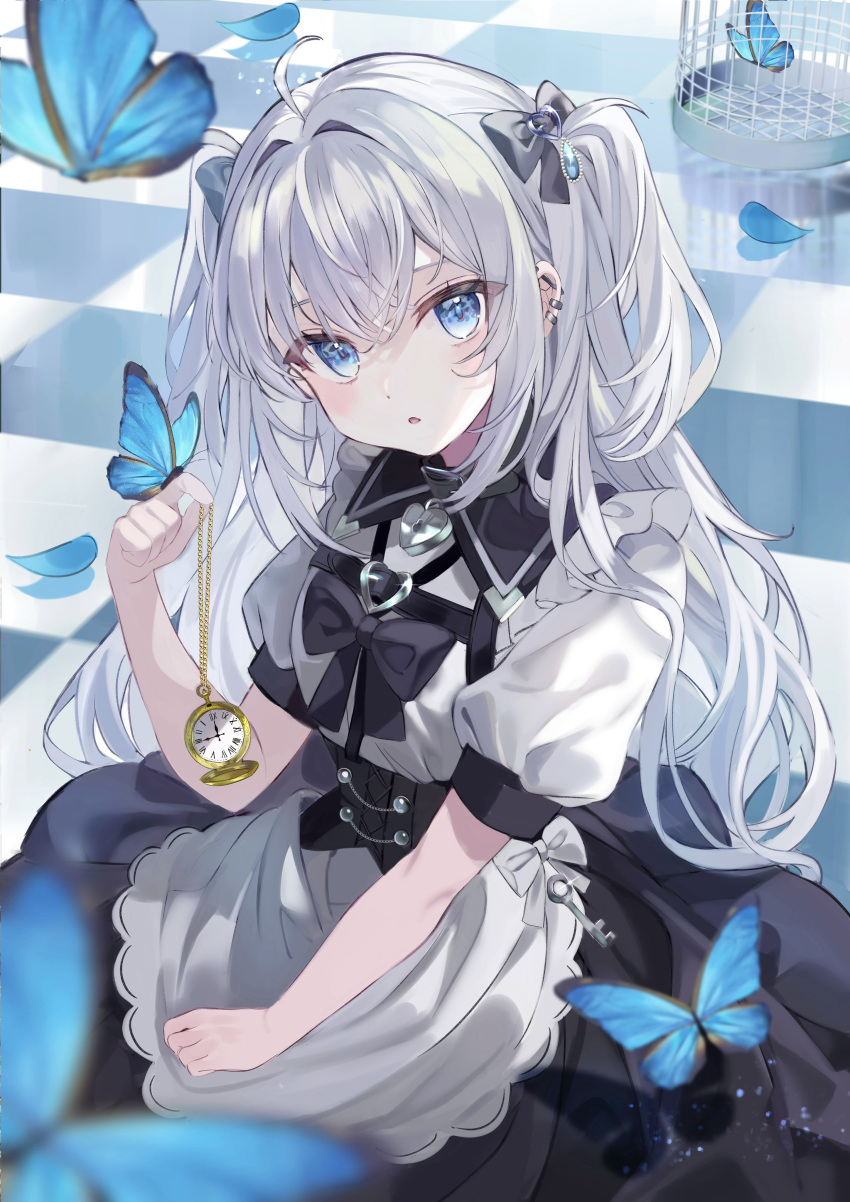 1girl :o absurdres apron birdcage black_bow black_bowtie black_skirt blue_butterfly blue_eyes blurry blush bow bowtie bug butterfly cage checkered_floor depth_of_field frilled_apron frills full_body grey_hair hair_between_eyes hair_bow haruhiruri highres holding holding_pocket_watch long_hair long_skirt maid open_mouth original pleated_skirt pocket_watch puffy_short_sleeves puffy_sleeves reflective_floor shirt short_sleeves sitting skirt solo two_side_up watch white_apron white_shirt