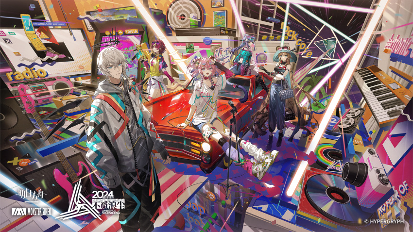 1boy 4girls ambience_synesthesia animal_ears arknights bag blonde_hair blue_eyes camera car cellphone controller executor_(arknights) exusiai_(arknights) eyewear_on_head grey_hair guitar halo hat highres instrument jessica_(arknights) joystick kieed long_hair looking_at_viewer microphone motor_vehicle multiple_girls official_art phone piano_keys pink_hair ponytail redhead short_hair sunglasses swire_(arknights) tail tail_ornament twintails u-official_(arknights)