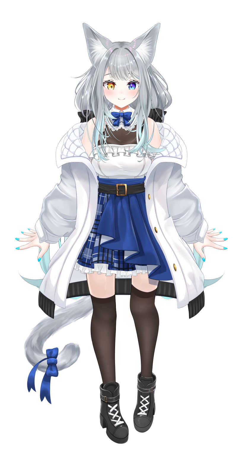 1girl absurdres animal_ear_fluff animal_ears ankle_boots aqua_hair aqua_nails bare_shoulders belt black_belt black_footwear blue_bow blue_bowtie blue_eyes blue_skirt bodysuit boots bow bowtie brown_thighhighs cat_ears cat_tail coat colored_tips fanged_bangs frilled_shirt frilled_shirt_collar frilled_skirt frills full_body gradient_hair grey_hair hair_intakes heterochromia high-waist_skirt high_heel_boots high_heels highres layered_skirt light_blush long_hair looking_at_viewer low_twintails multicolored_hair off_shoulder open_clothes open_coat original pleated_skirt shirt sidelocks simple_background skirt sleeveless sleeveless_shirt smile standing streaked_hair tachi-e tail tail_bow tail_ornament thigh-highs tsuri_pi twintails very_long_hair white_background white_coat white_shirt yellow_eyes