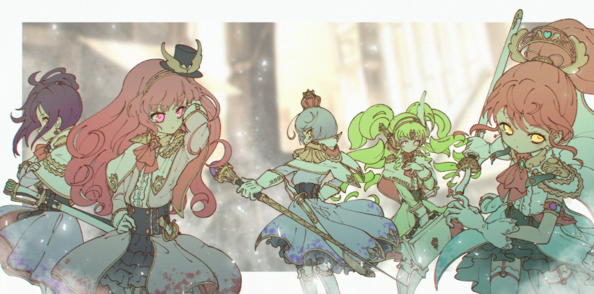 5girls adjusting_hair aiguillette arm_up ascot bad_id bad_twitter_id blunt_bangs capelet center_frills closed_mouth commentary_request epaulettes falulu falulu_(awakened) forehead_jewel frills gloves glowing glowing_eyes green_hair grey_hair hair_between_eyes hand_on_own_hip headphones highres hojo_sophy holding holding_scepter holding_suitcase holding_sword holding_weapon idol_clothes layered_skirt long_hair long_sleeves looking_at_another looking_at_viewer looking_to_the_side multiple_girls parted_bangs pink_eyes ponytail pretty_series pripara purple_hair redhead ruru_ashihara scepter shikyoin_hibiki shiratama_mikan short_hair side_ponytail sidelocks skirt standing suitcase sword toudou_shion twintails weapon white_capelet white_gloves yellow_eyes