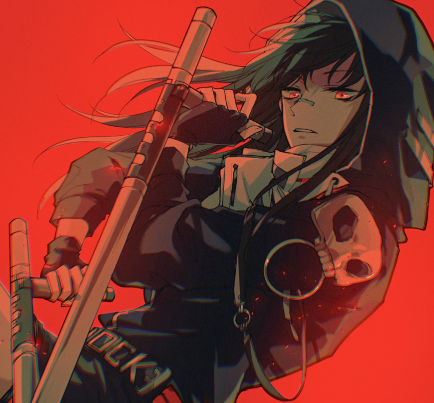 1girl bandaid bandaid_on_face bandaid_on_nose black_gloves black_hair black_hoodie chinese_commentary chromatic_aberration commentary fingerless_gloves gloves highres holding holding_weapon hood hood_up hoodie k.k._(path_to_nowhere) long_hair mitsukyou parted_lips path_to_nowhere red_background red_eyes shirt simple_background skull_ornament solo tonfa upper_body weapon white_shirt